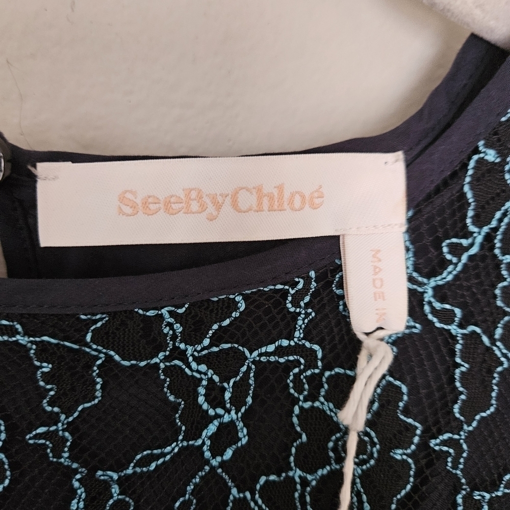 NWT See by Chloe Floral Mesh Midi Lace Blue dress size 42/ 12 - Picture 7 of 12